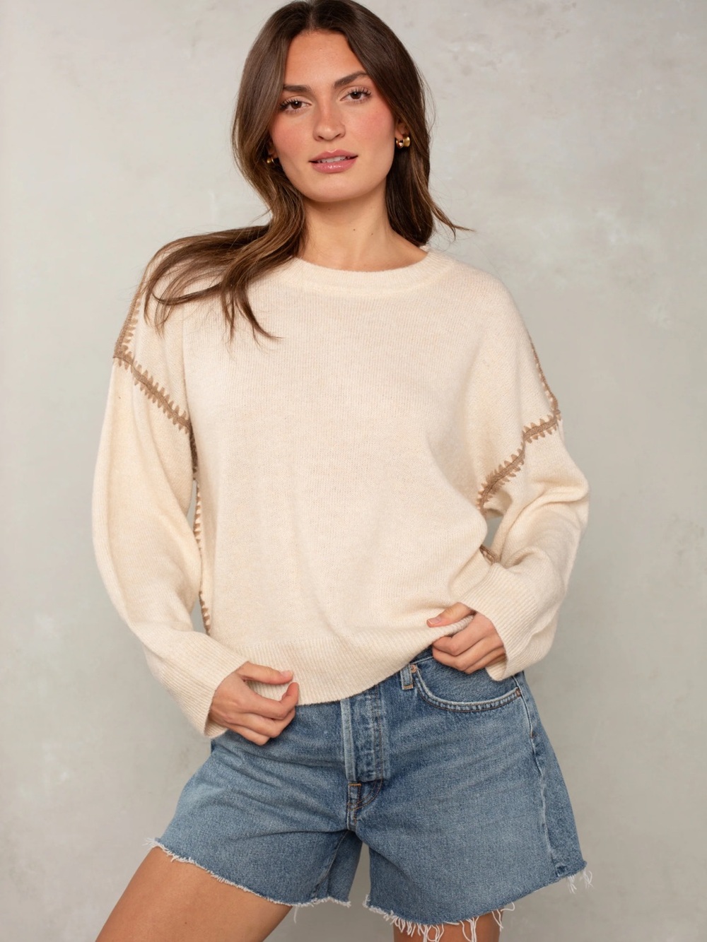 NWT Isla Cream Tan The Jackie Contrast Stitch Cotton Sweater (Size Small)